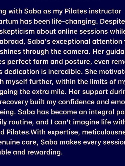 This golden feedback from my overseas client in the USA highlights the power of postnatal Pilates, even online.