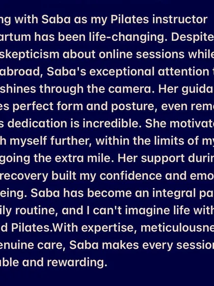 This golden feedback from my overseas client in the USA highlights the power of postnatal Pilates, even online.