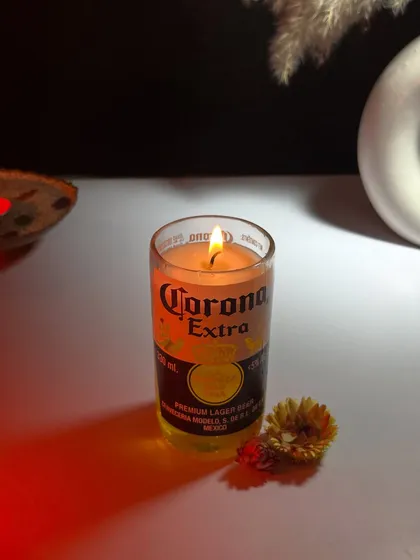 A lit shot of my Corona beer candle. It's a fun and quirky gift that's sure to be a conversation starter.