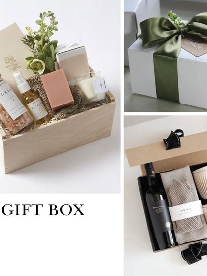 Good packaging enhances the style and adds a premium feel. This collage shows three types of gift boxes we offer: a natural wood box, a classic white box with a satin ribbon, and a modern black box with curated goods.