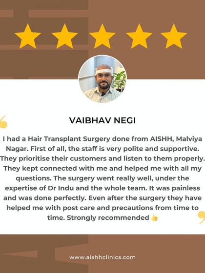 A 5-star review from Vaibhav Negi. He highlights the polite staff, the painless surgery under my expertise, and the excellent post-operative care he received.