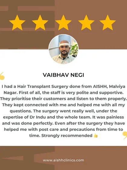 A 5-star review from Vaibhav Negi. He highlights the polite staff, the painless surgery under my expertise, and the excellent post-operative care he received.
