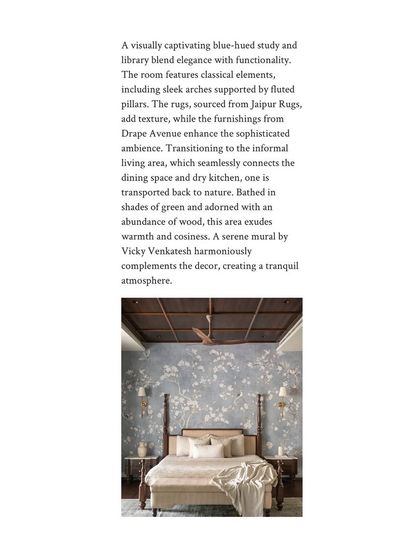 A press feature of a bedroom with a four-poster bed set against a beautiful blue floral wallpaper, highlighting our use of pattern and classic forms.