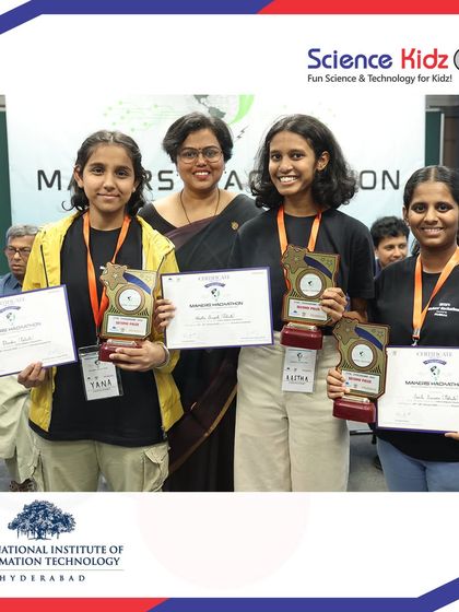 Our senior girls' team, "Robusta," proudly displays their 2nd prize trophies and certificates at the IIIT Hyderabad make-a-thon. Their project focused on creating sustainable technology solutions.