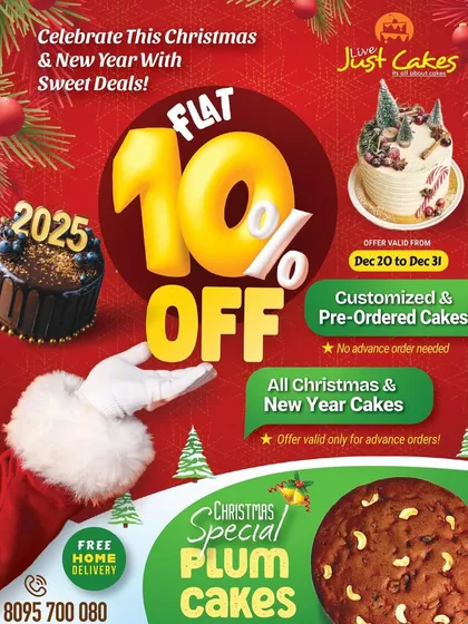 A promotional graphic detailing our holiday season offer, including a discount on pre-ordered Christmas and New Year cakes and highlighting our special plum cakes.