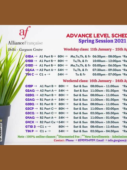 A detailed schedule for our Advance Level courses during the Spring Session. This table outlines weekday and weekend class options for levels from A1 Part B up to C1+.