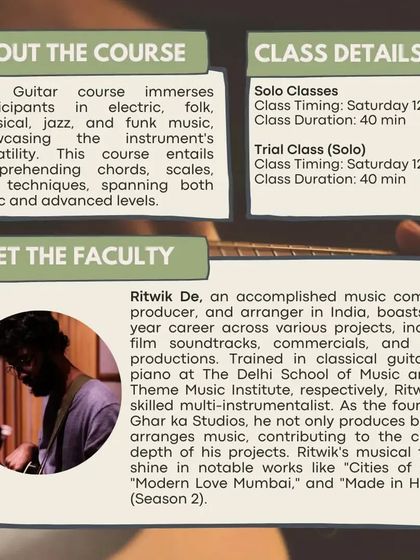 Details about our guitar course and faculty. Classes are held on Saturdays, offering 40-minute solo sessions.