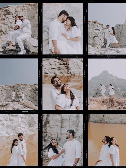 A grid collage showcasing multiple romantic and joyful moments from a couple's pre-wedding shoot at a quarry.