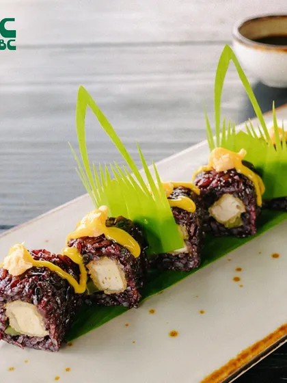 For the sushi lovers, I offer fresh and creative rolls like this one made with black rice. It's a dish you can enjoy in our peaceful Sushi Garden, The Silk Cotton Tree.