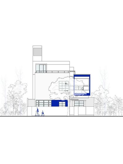An elevation drawing of the 'Cube Square' residence. This type of technical drawing is a fundamental part of our process, allowing us to study the proportions and composition of the facade with precision.