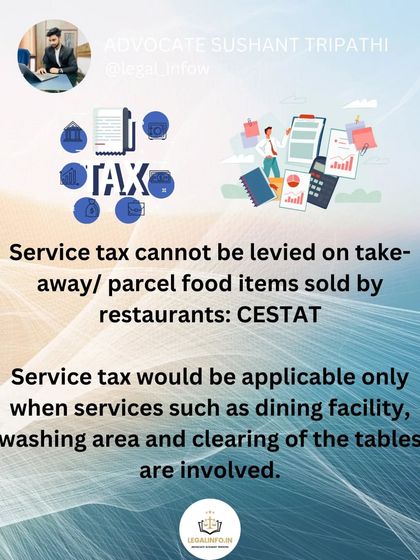 Know your rights when ordering food. The Customs, Excise and Service Tax Appellate Tribunal (CESTAT) has ruled that service tax cannot be charged on takeaway or parcel food items from restaurants, as no dining service is provided. Check your bills for these incorrect charges.