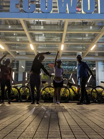 Posing and stretching in front of RMZ Ecoworld. Our rides are always filled with fun, spontaneous moments like discovering a new camera feature.
