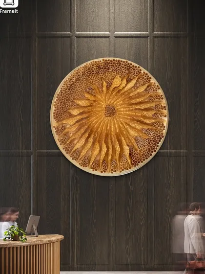 'The Golden Flower' in a corporate reception area. The piece, made from upcycled paper and resin, makes a bold and welcoming statement against the dark wood paneling.