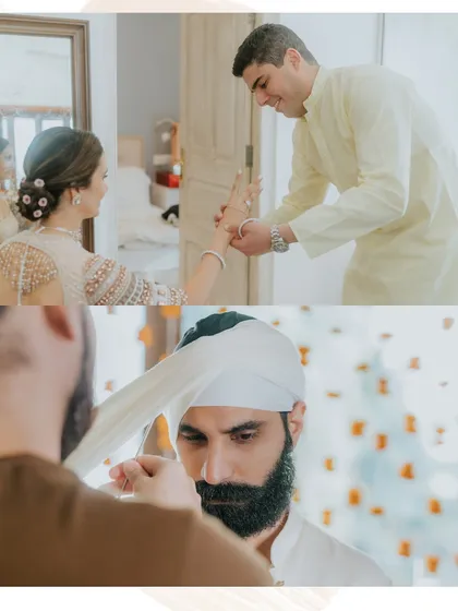 A collage showing the quiet, getting-ready moments of the bride and groom before their intimate Gurudwara wedding.