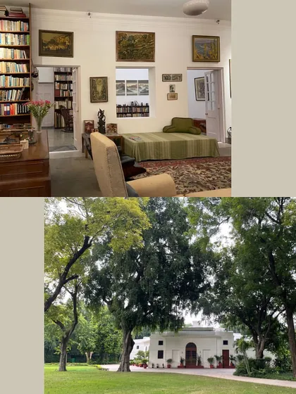 The preserved study and library of Indira Gandhi at the Indira Gandhi Memorial Museum, alongside a view of the residence's sprawling lawns. This juxtaposition of her intellectual private space with the public exterior offers a glimpse into the life of India's first female Prime Minister.