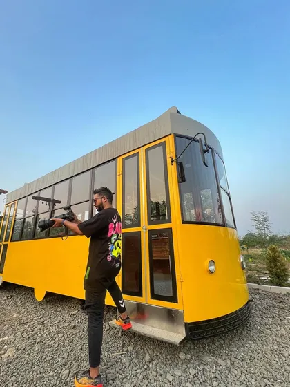 Getting into position to capture a creative angle at the tram location.