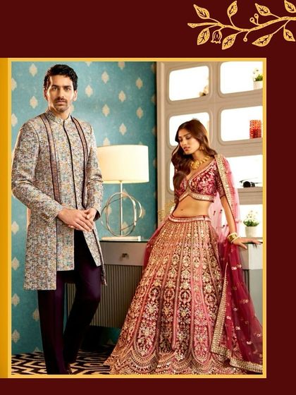A vibrant look from our ethnic wear campaign. This image highlights a groom in a multi-tonal, full-length sherwani, perfectly complementing the bride's festive attire.