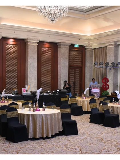 The ballroom before the Gatsby party began. This shows the complete layout, including table arrangements, the stage, and space for mingling, all planned for optimal guest flow and experience.