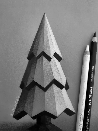 A creative take on form and value. This Christmas tree is a pencil drawing made to look like it's crafted from folded paper, a fun exercise in understanding planes and angles.