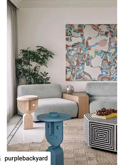 For the Eden House penthouse, we created this one-of-a-kind painting that unifies the colors of the room's furniture. The artwork references the family's travels, making it a personal map of their memories.