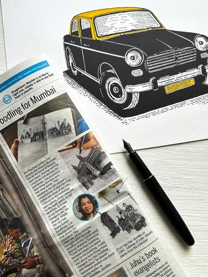 Another shot of my feature in Mid-day, placed next to one of my classic Ambassador car illustrations. It's a reminder of my love for sketching the city and its icons.