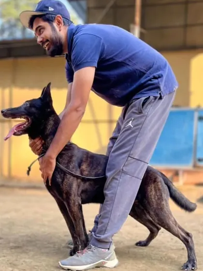 A trainer works with a Dutch Shepherd. We honor the dedication of trainers who guide us on our journey with our furry friends.