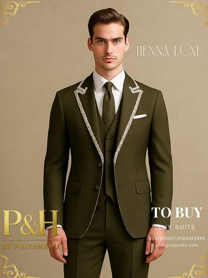 A portrait shot of the olive green three-piece suit, perfect for the groom or his family.