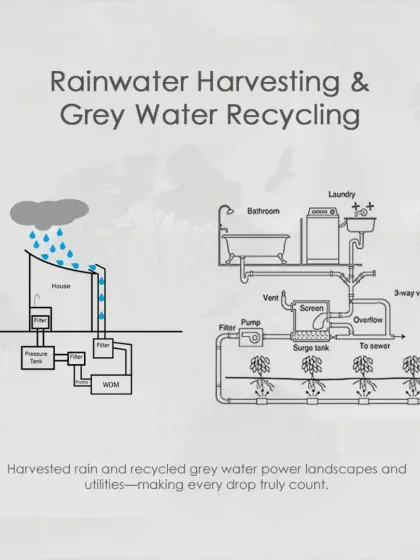 An infographic explaining my approach to rainwater harvesting and grey water recycling. Harvested rain and recycled grey water are used to power landscapes and utilities, making every drop count in my sustainable designs.