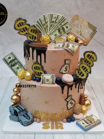 A stylish two-tier boss birthday cake with a money and luxury car theme. This 5kg black forest cake is decorated with chocolate drips, edible money, and a toy car.