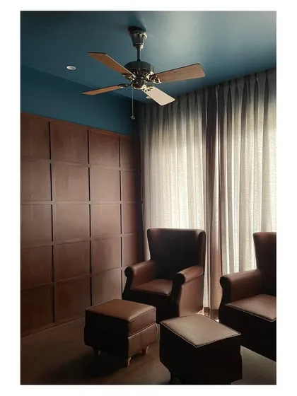 This moody and sophisticated library from 'House No. 904' was part of our submission. The deep blue ceiling and rich wood paneling create a cozy, intimate space for reading and relaxation.