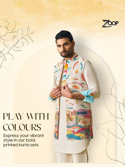 Don't be afraid to play with colours. This vibrant, printed kurta set is designed for the man who expresses his style boldly, making it an ideal choice for a Mehendi or Sangeet.