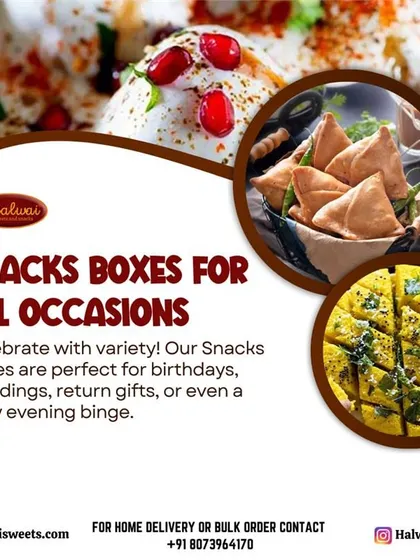 Our custom snack boxes are perfect for any occasion, whether it's for corporate gifting, wedding return gifts, or a birthday party. We can fill them with a variety of treats like dahi bhalla, samosas, and dhokla.