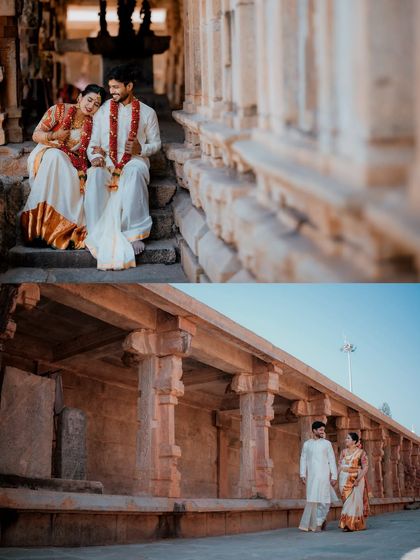 This set of images captures a couple in traditional attire within a sprawling temple complex, showcasing both intimate moments and wide, architectural shots.