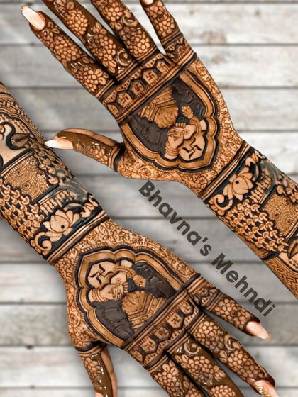 A collage of a beautiful back hand design featuring a Ganesh figure inside an ornate frame. This is a popular choice for bringing blessings to a new beginning.