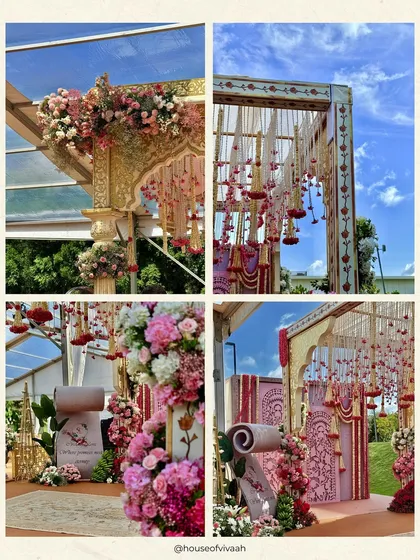 A collage detailing the blush and gold mandap, from the hand-painted golden arches to the suspended floral tassels and personalized scrolls, highlighting the layers of craftsmanship.