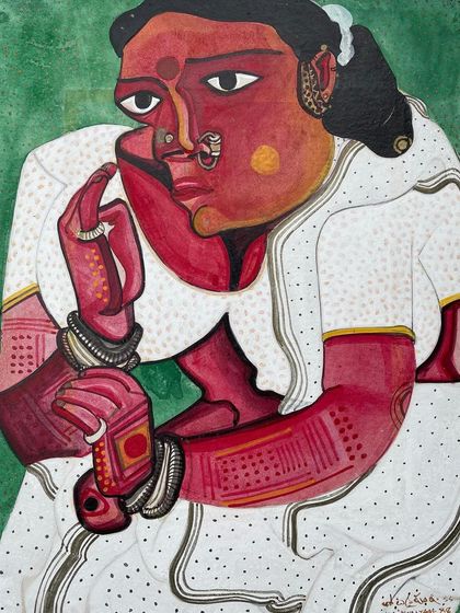 A closer look at the expressive details in T. Vaikuntam's 1988 gouache painting. The artist's use of colour and line work brings the subject to life, capturing the spirit of rural Telangana. This piece was part of a pair offered in one of our exciting no-reserve auctions.