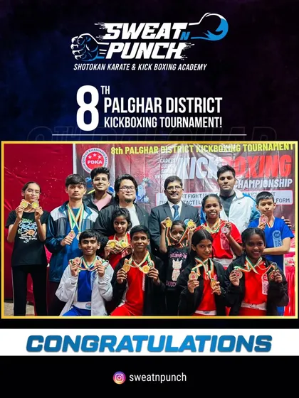This is what dedication looks like. I am incredibly proud of our Sweat N Punch team, who dominated the 8th Palghar District Kickboxing Tournament. This picture is a testament to their hard work and the champion spirit we build here.