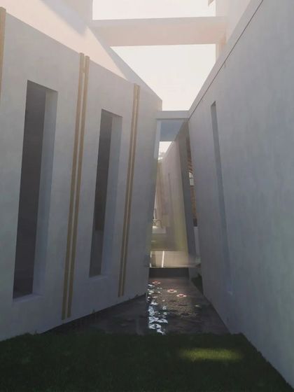 A conceptual render for the Cumin Residence in Goa, showing a narrow passage between two building masses. The design plays with compression and release, guiding the visitor through a carefully orchestrated sequence of spaces with glimpses of water and light.