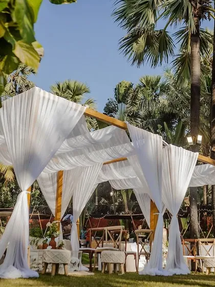 A breezy, elegant daytime setup with a draped fabric canopy, perfect for a relaxed garden party or brunch.