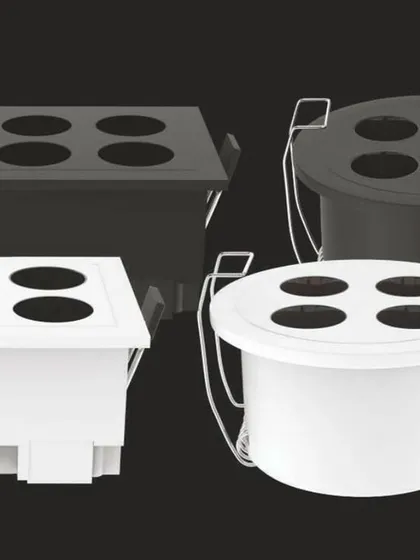 This is a four-head recessed spotlight, available in black or white. It uses a high-quality Bridgelux LED and Philips driver, and we offer it in multiple color temperatures.