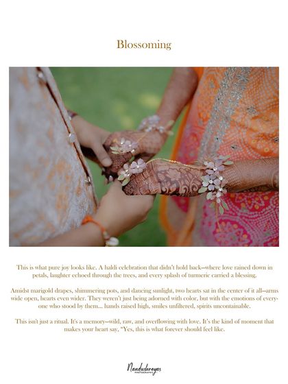 A beautifully designed frame focusing on the floral hand jewelry of the bride, with text that poetically describes the joy of a Haldi celebration.