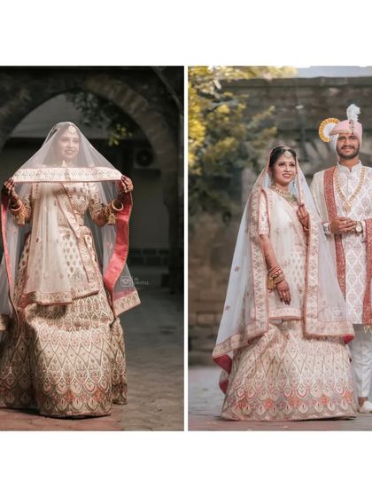 A beautiful diptych of a bride in her wedding lehenga, first posing with her veil and then standing proudly with her groom.