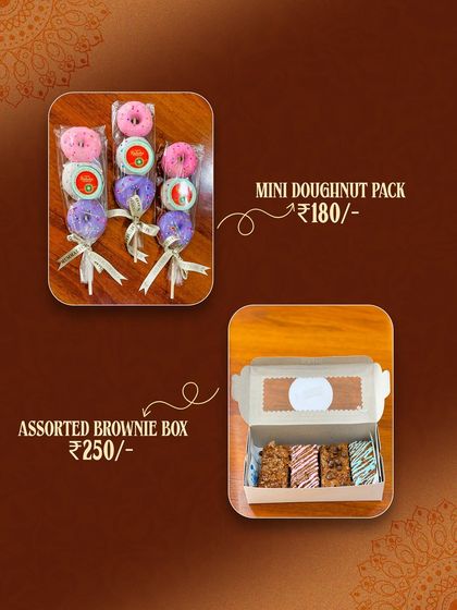 For Raksha Bandhan, I also offer smaller treats like these mini doughnut packs and assorted brownie boxes. They are perfect for gifting or sharing with the whole family.