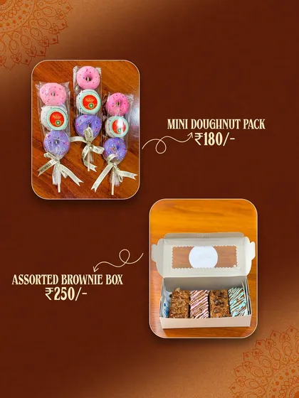 A perfect gift for Raksha Bandhan. This graphic showcases our festive offerings, including mini doughnut packs and an assorted brownie box, for a sweet way to celebrate the sibling bond.