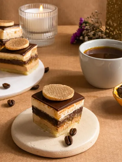 Coffee-flavoured mini cakes that look as good as they taste. I paired them with a cup of black coffee and coffee beans to visually communicate the flavour profile.