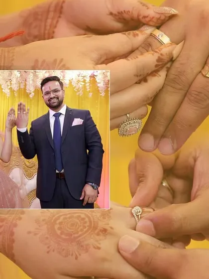 A collage detailing the ring exchange moment during an engagement ceremony.