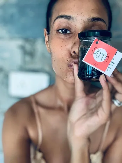 Supermodel Rikee Chatterjee using my "FineByMe" coffee scrub. It's gentle enough for the face but strong enough for an at-home pedicure.