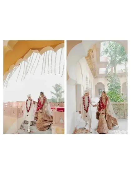 A collage of the couple walking hand-in-hand through the beautiful arches of the palace venue.