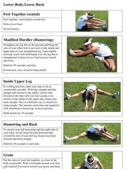 A visual guide to lower body and lower back stretches. This includes the feet-together seated stretch, modified hurdler, and groin stretch. Proper stretching is key for flexibility and injury prevention.