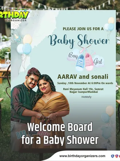A custom-designed welcome board for a baby shower, featuring a beautiful illustration of the happy couple. This adds a deeply personal and artistic touch to the event entrance.
